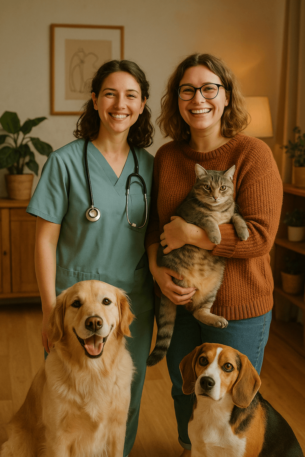 Veterinarian and pet owner with pets